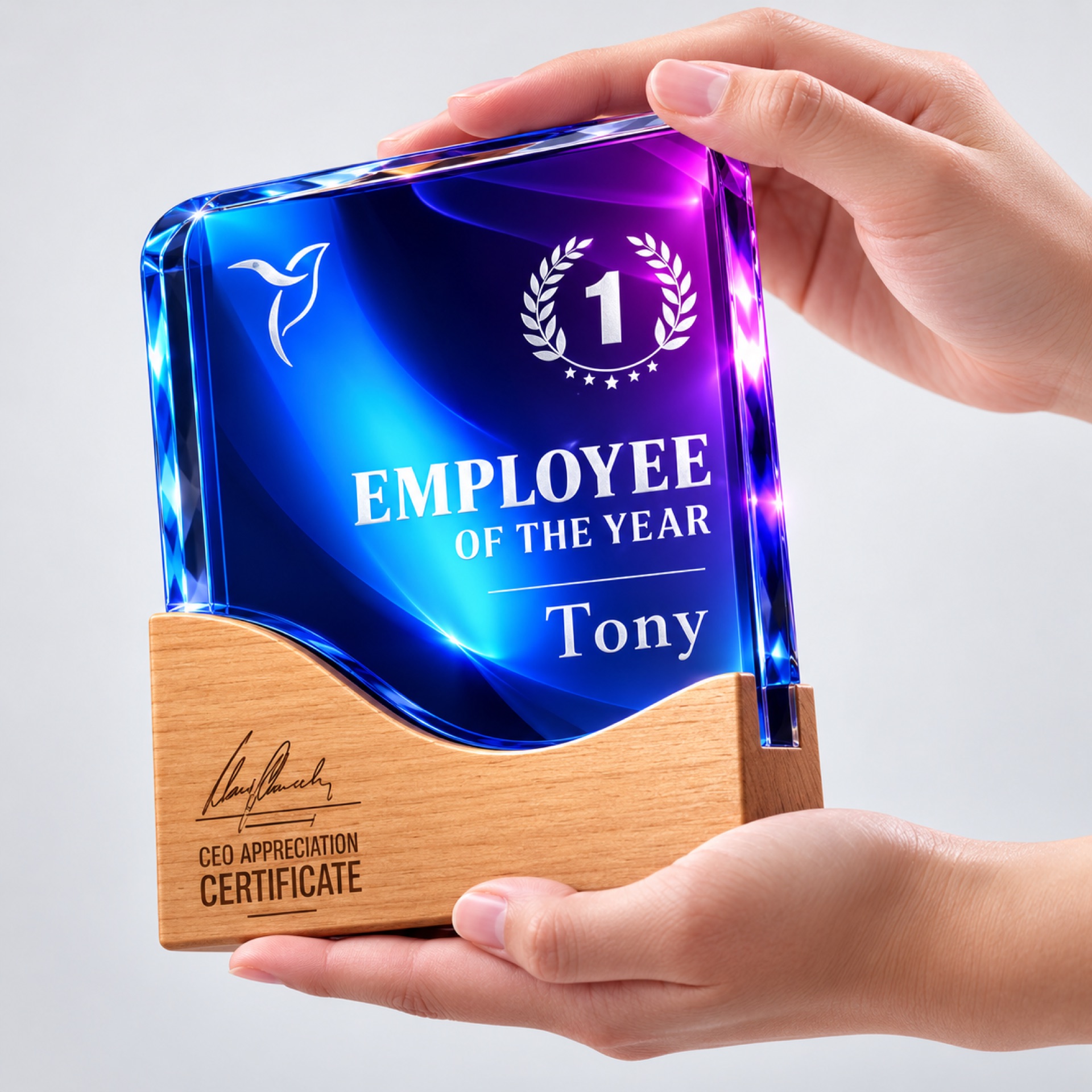 Trophée premium personnalisé en cristal et bois